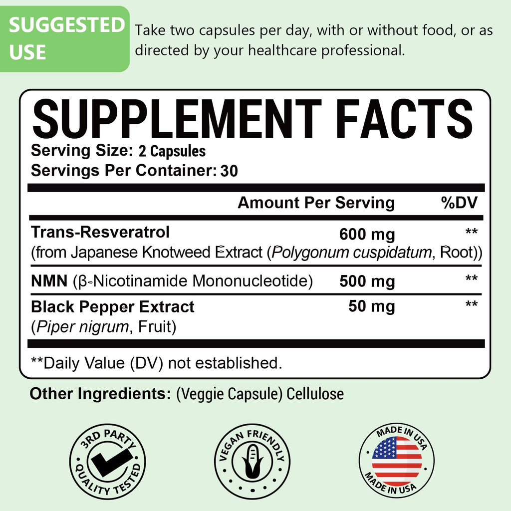 99% Pure NMN Resveratrol 1150mg per Serving, 3-in-1 NMN Supplement, 120 Cap | NMN Resveratrol 1150mg, NMN 500mg + Trans-Resveratrol 600mg, for NAD+, Cell, Energy, Immune, Skin, Anti-Aging & Longevity