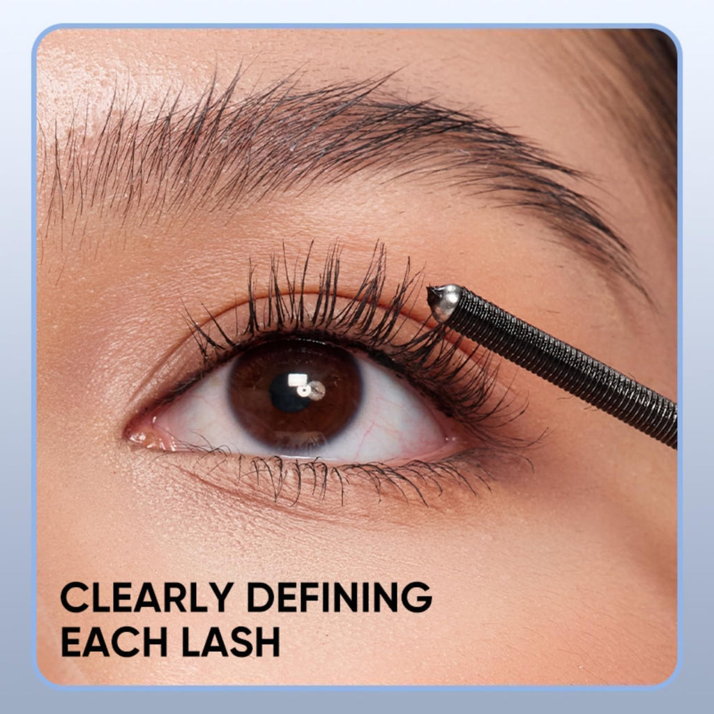 Close-up of eye showcasing JUDYDOLL Waterproof Mascara-3D Curling T, emphasizing defined lashes with a precision applicator.