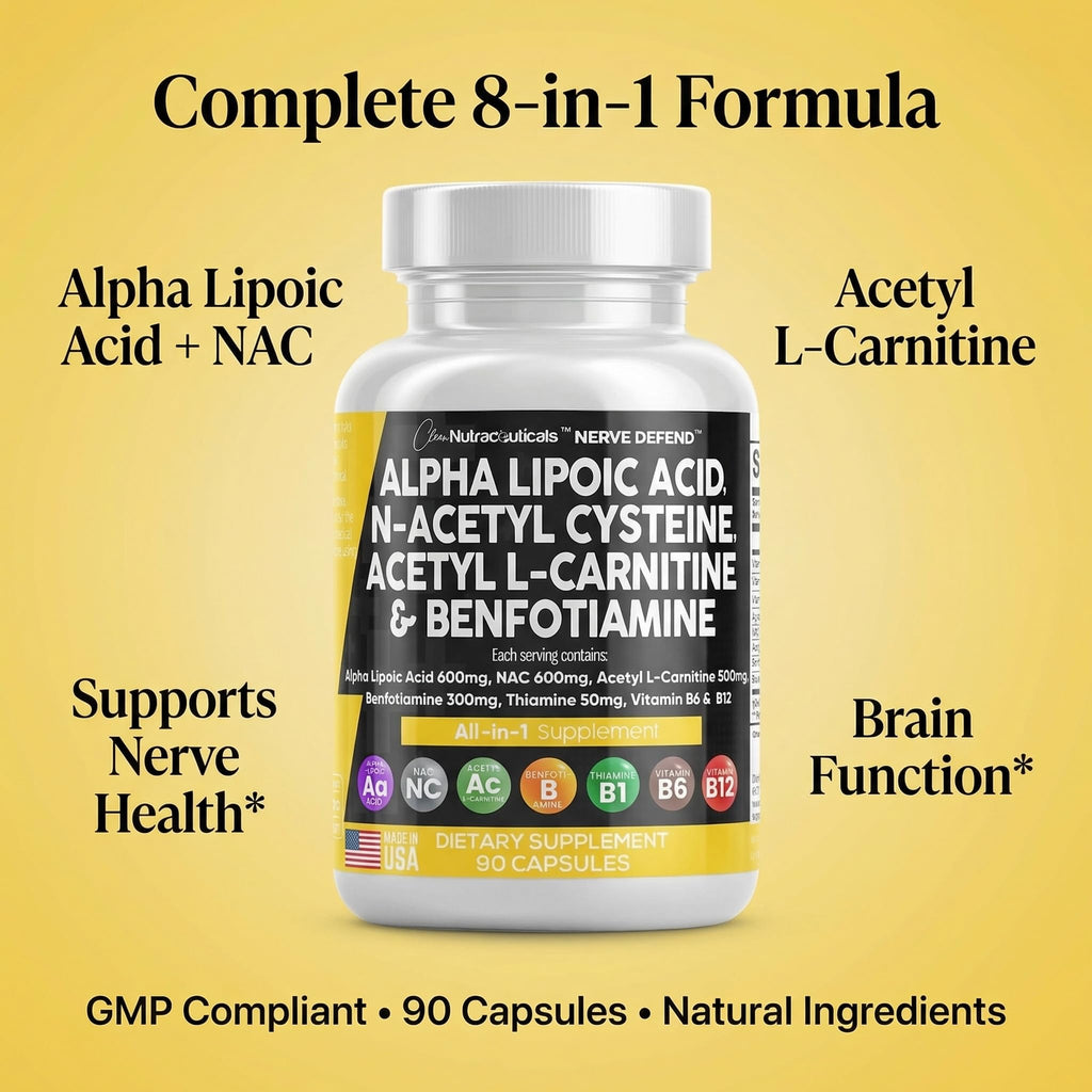 Alpha Lipoic Acid 600mg N-Acetyl Cysteine 600mg Acetyl L-Carnitine 500mg Benfotiamine 300mg - Nerve Support Supplement for Women and Men with Vitamin B1 B6 & B12 - Made in USA 90 Caps