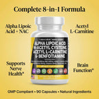 Alpha Lipoic Acid 600mg N-Acetyl Cysteine 600mg Acetyl L-Carnitine 500mg Benfotiamine 300mg - Nerve Support Supplement for Women and Men with Vitamin B1 B6 & B12 - Made in USA 90 Caps
