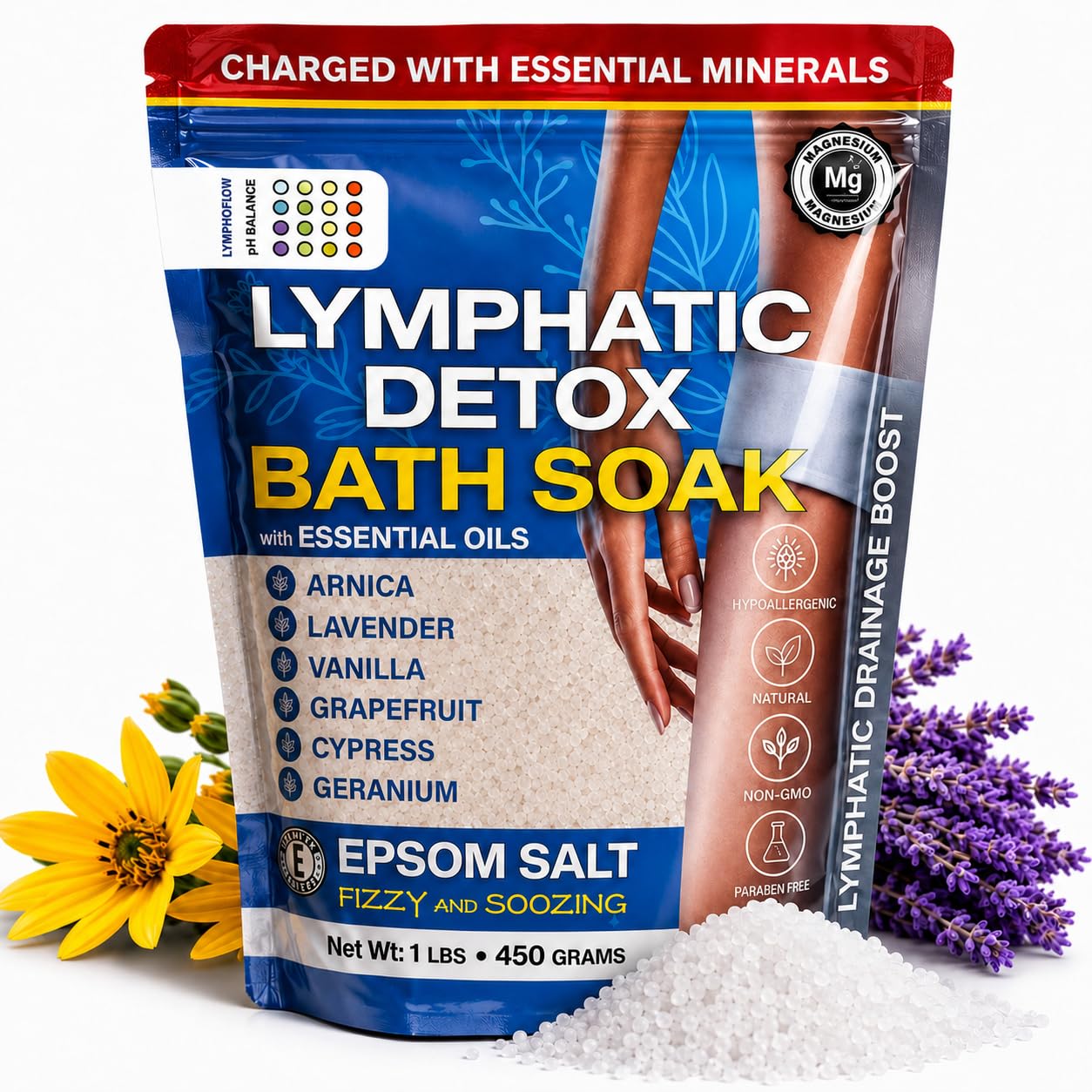 Bruizex Arnica Montana Bath Salts, Epsom Salt Bath Soak with Magnesium, 1lb | Infused with six essential oils; for lymphatic drainage, body detox, foot soaks and post-surgery swelling