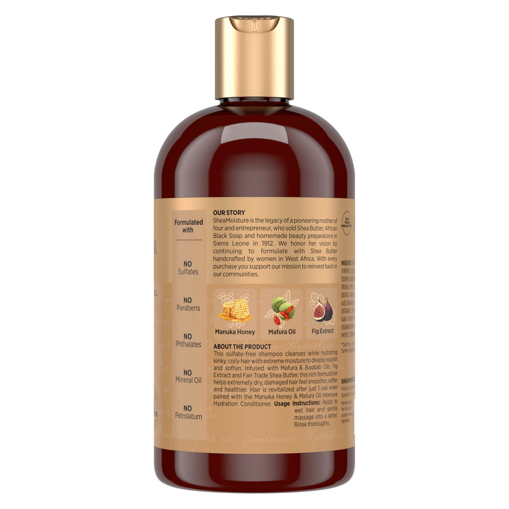 Shea Moisture Intensive Hydration Shampoo for Dry, Damaged Hair Manuka Honey and Mafura Oil Sulfate-Free 13 oz | For extra dry and damaged hair - intensely hydrate and moisturize with Manuka Honey, Mafura Oil, and Fig Extract.