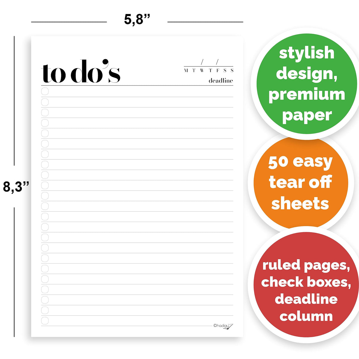 HADIGU To Do List Notepad A5 Size (8.3"x5.8") Premium Thick Paper With Cardboard Back Support, Undated Daily Planner Notepad, Daily To Do List Notebook, Ruled Pages, Checkboxes, Deadline Column.