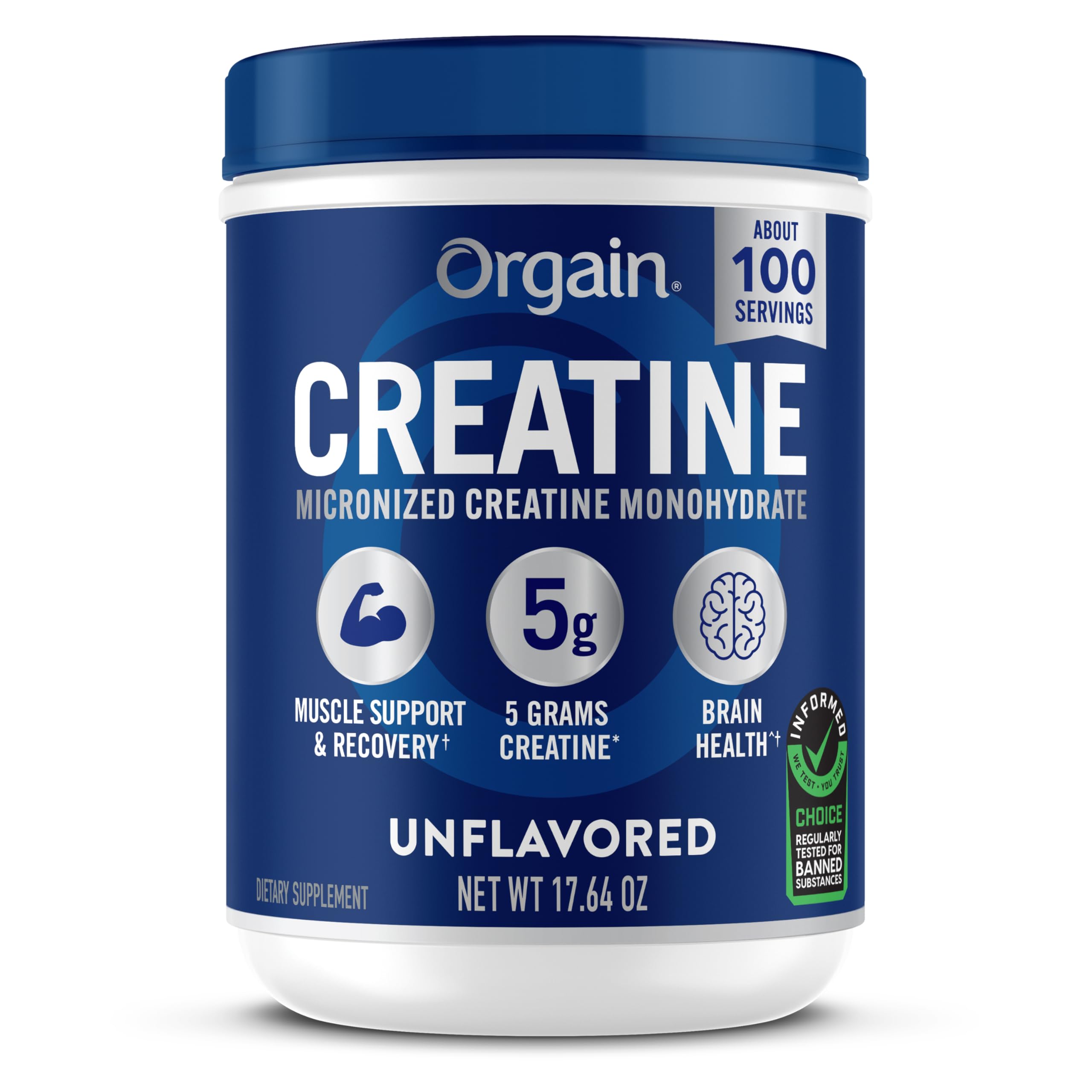 Orgain 5g Creatine Monohydrate Micronized Powder, Unflavored, 100 Servings | Creatine to support muscle growth, post workout recovery & brain health, no artificial additives, non-GMO, 17.64oz