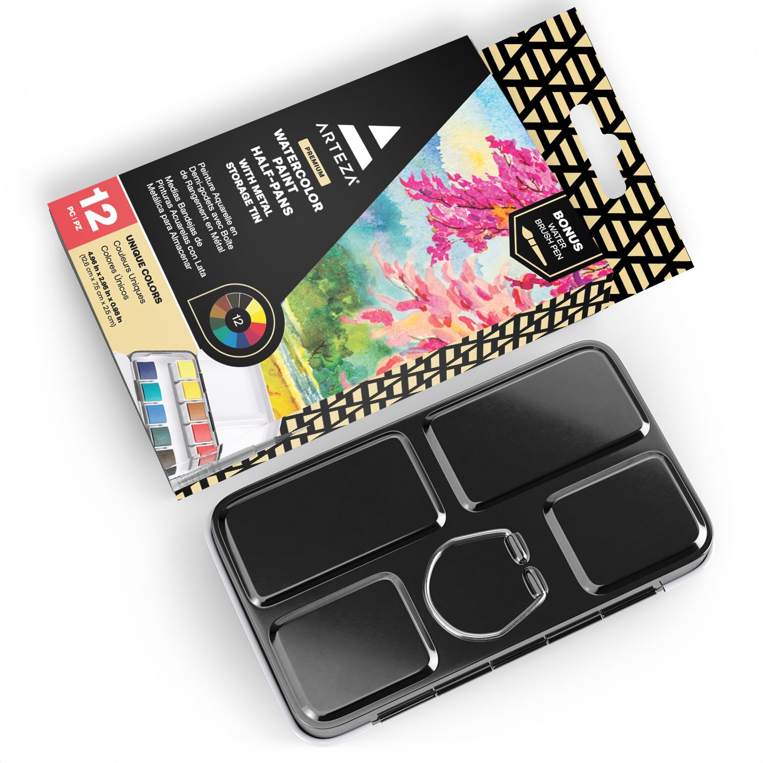Buy now ARTEZA Watercolor Paint, Set of 12 Assorted Vibrant Colors in Half Pans, Tin Box with Water Brush Pen for Artists, and Beginners at indiglob india