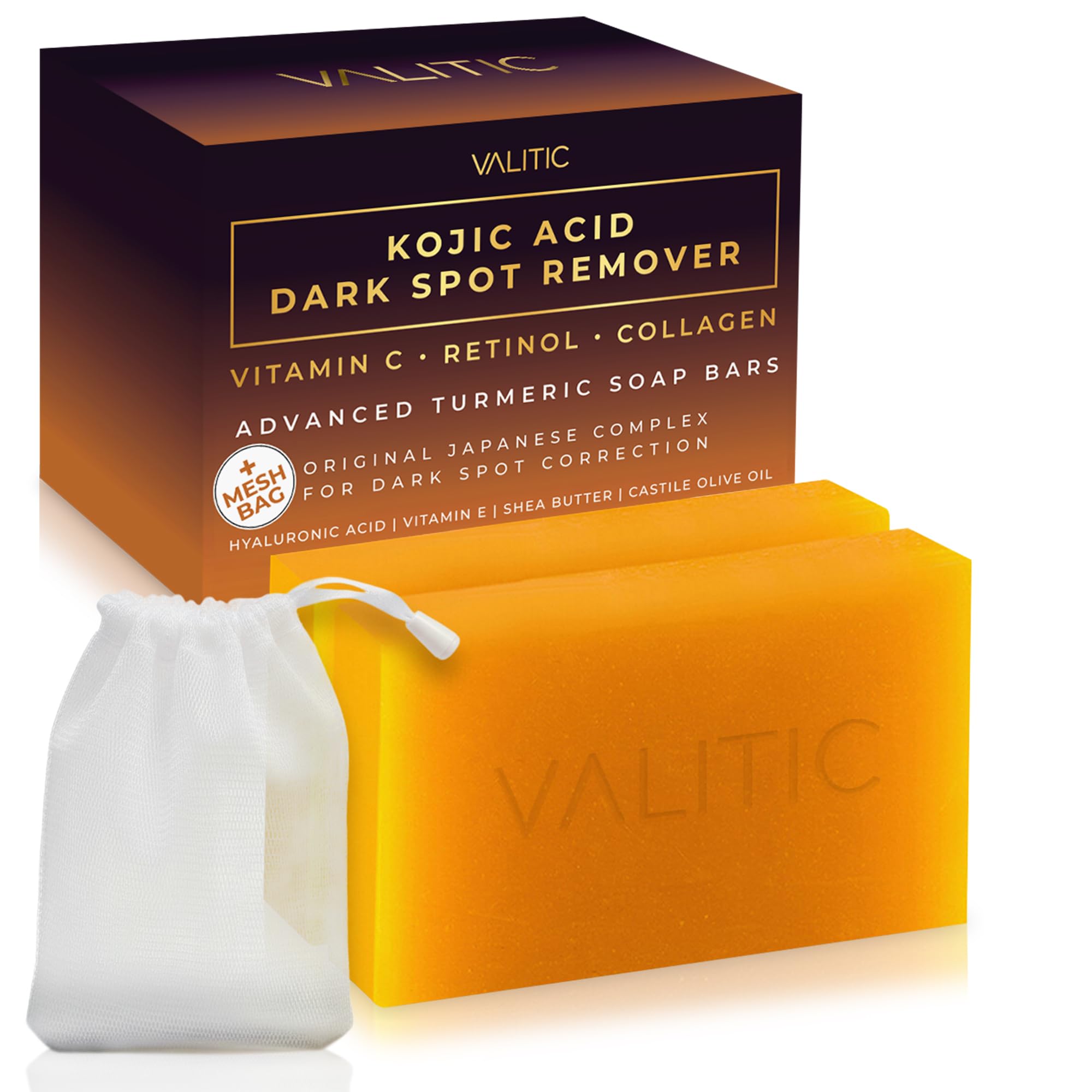 Buy now VALITIC Kojic Acid Dark Spot Remover Soap Bars with Vitamin C, Retinol, Collagen, Turmeric - Original Japanese Complex Infused with Hyaluronic Acid, Vitamin E, Shea Butter, Castile Olive Oil (2 Pack) at indiglob india