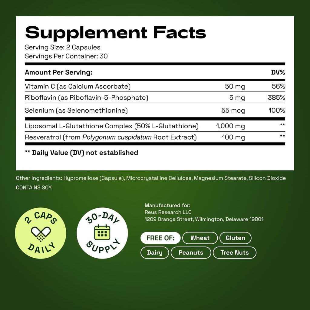 Cata-Kor Liposomal Glutathione – Ultra High Absorption with Resveratrol, Vitamin C, Selenium & Vitamin B2 (60 Count (Pack of 1))