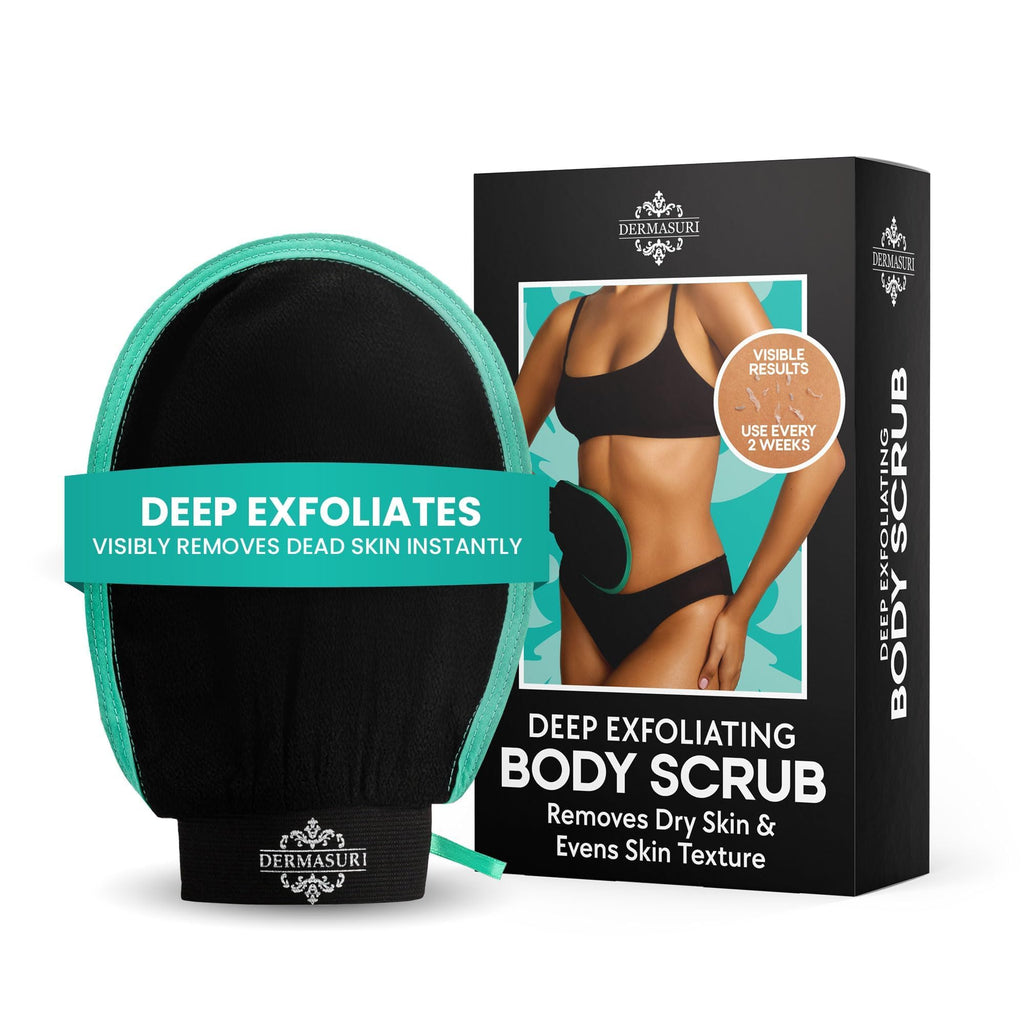 Dermasuri Exfoliating Body Scrubber Glove, Exfoliating Glove, Black (1 Pk) | Body Exfoliating Mitt, Removes Dry Skin Buildup, Keratosis Pilaris Treatment, Body Exfoliator Scrub for Shower & Self Care