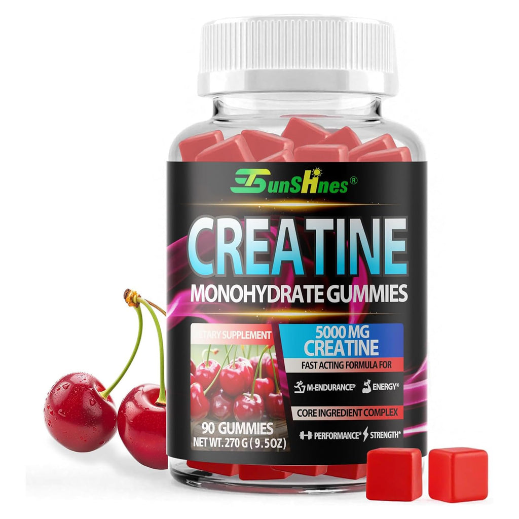 Creatine Monohydrate Gummies 5g (5000mg), Sugar-Free Creatine, Pre-Workout Energy, Veg, Non-GMO, for Men & Women - 90 Count Cherry Flavor