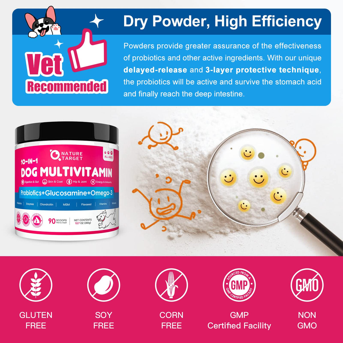 NATURE TARGET Dog Vitamins Powder, Probiotics & Digestive Enzymes for Gut Health, Glucosamine & Chondroitin & Omega 3, Complete Supplement for Homemade Dog Food, Joint & Skin & Immune Support