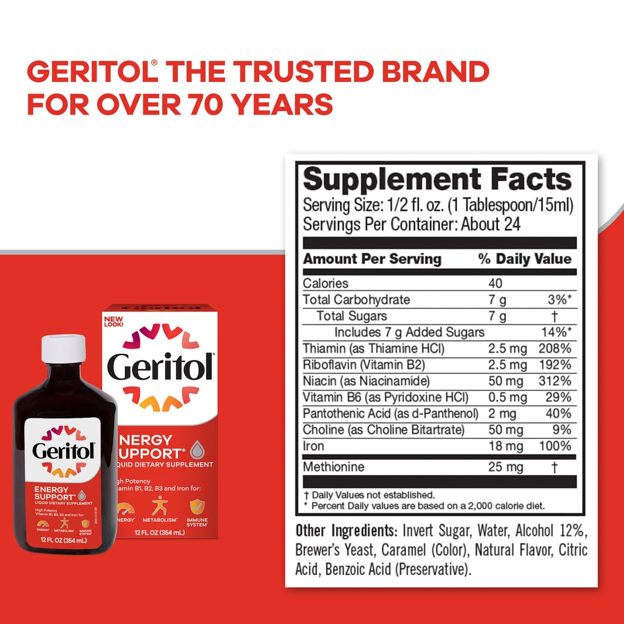 Geritol Liquid Vitamin and Iron Supplement, Energy Support Vitamins, Contains High Potency B-Vitamins and Iron, Easy to Swallow, No Artificial Sweeteners, Non-GMO, 12 Oz (Pack of 2)