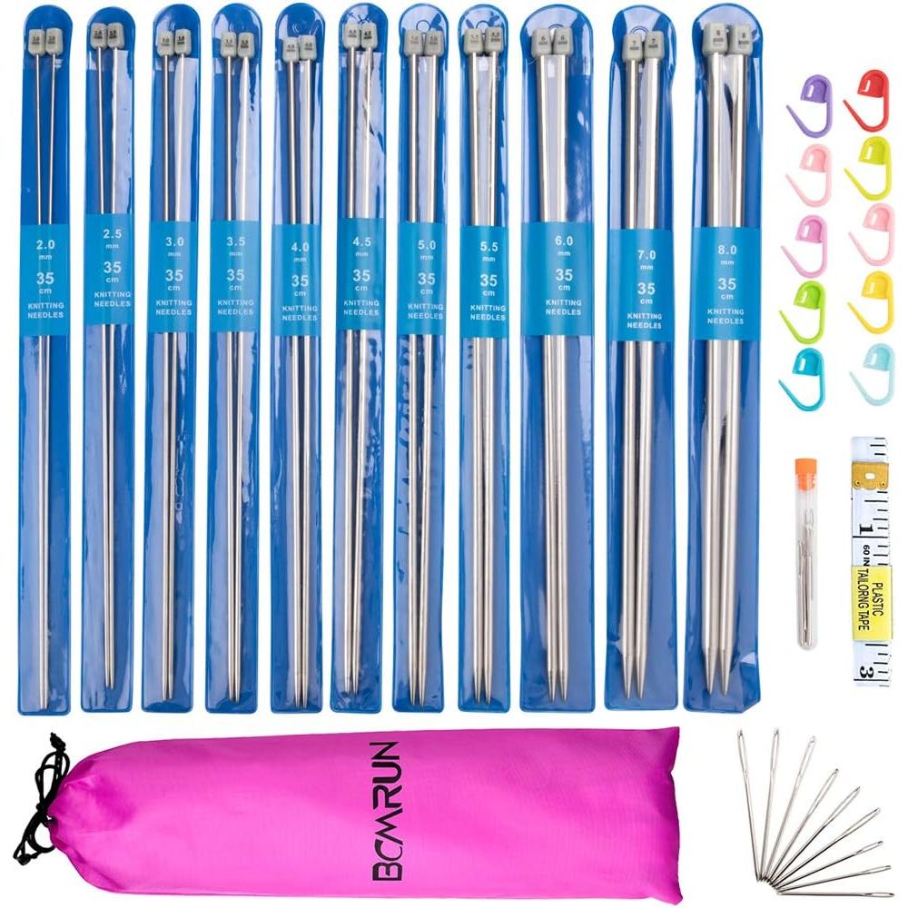 Buy now Knitting Needle Set, 22PCS 2mm(B)-8mm(L) Straight Single Pointed Stainless Steel Sweater Needles Set(11Pair-11 Size,9.8 inch) with Locking Stitch Makers Large-Eye Needles Measure Tape (36CM) at indiglob india
