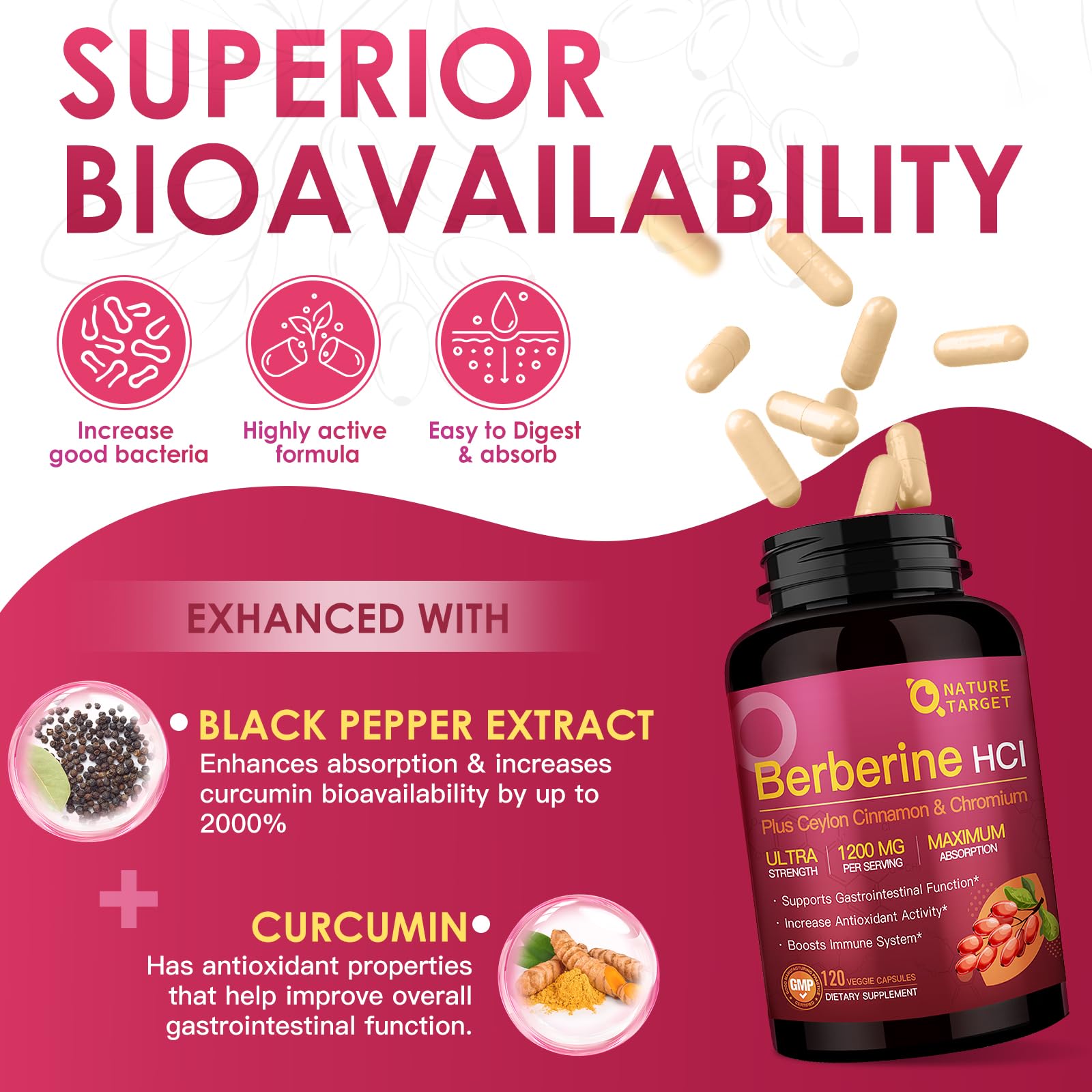 NATURE TARGET Berberine Supplement with Ceylon Cinnamon 1200mg, 120 Capsule | Berberine HCl with Chromium - Supports Immune, Gastrointestinal & Digestive Health, Non-GMO