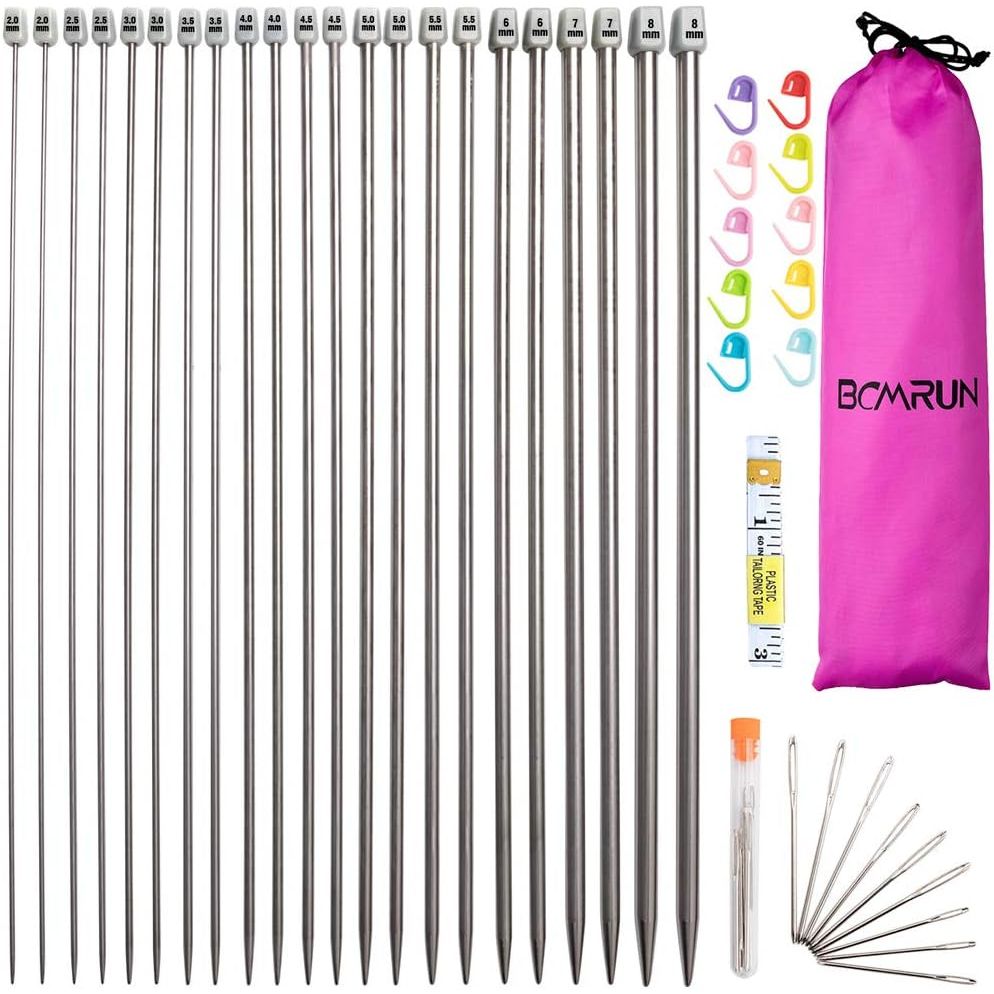 Buy now Knitting Needle Set, 22PCS 2mm(B)-8mm(L) Straight Single Pointed Stainless Steel Sweater Needles Set(11Pair-11 Size,9.8 inch) with Locking Stitch Makers Large-Eye Needles Measure Tape (36CM) at indiglob india