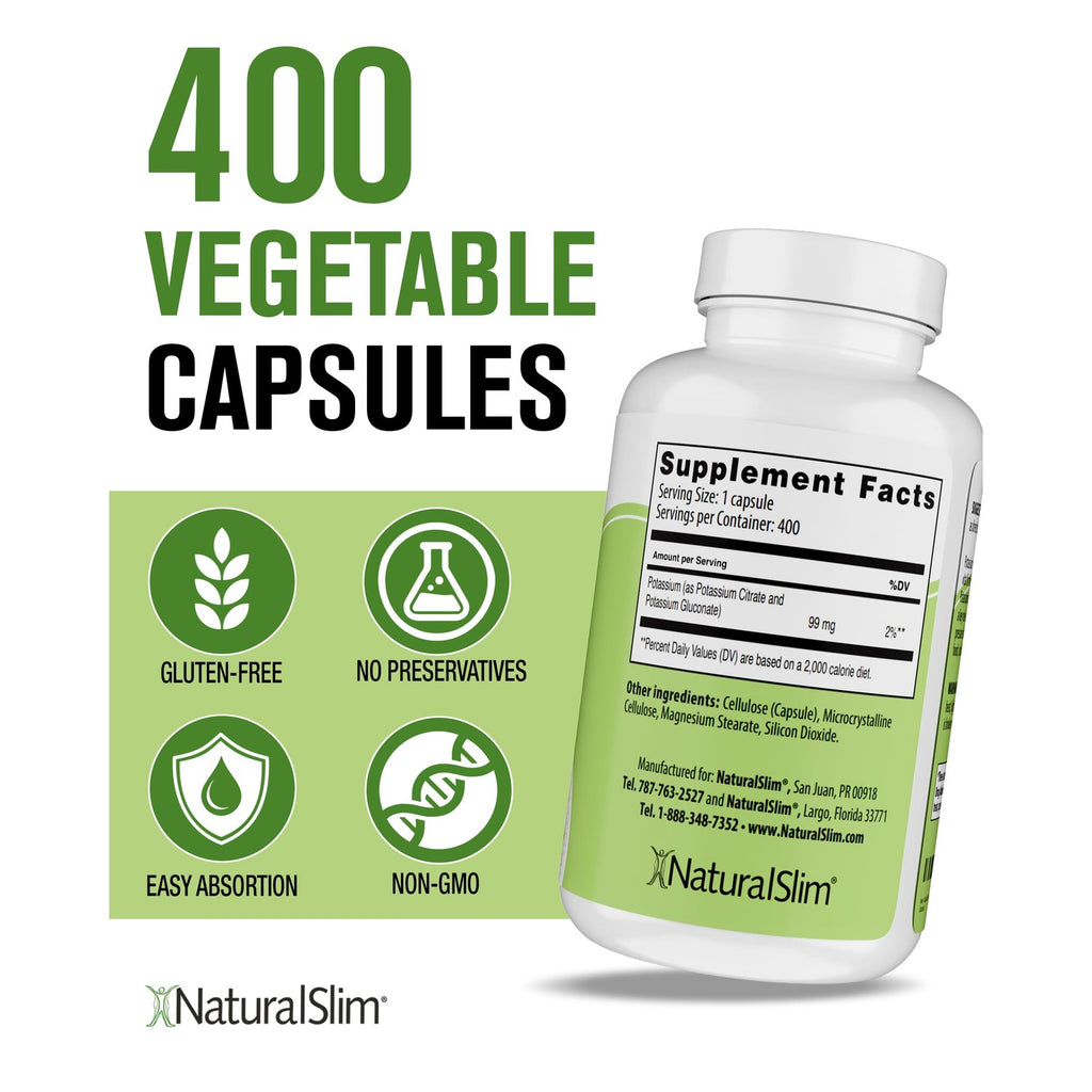 NaturalSlim Kadsorb Potassium Citrate Gluconate 99 mg, 400 Capsules 1 Pack | Supports Electrolyte Balance and Normal pH, Absorbable Potassium Supplements with Essential Minerals, Non GMO