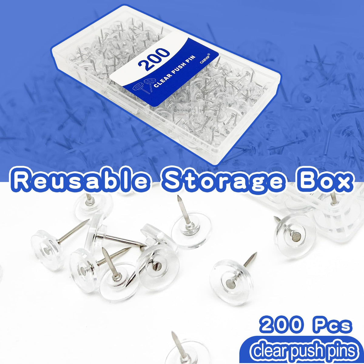 200 Pack Clear Tacks, Heavy Duty Decorative Push Pins for Cork & Bulletin Boards, Transparent Thumbtacks in Reusable Storage Box