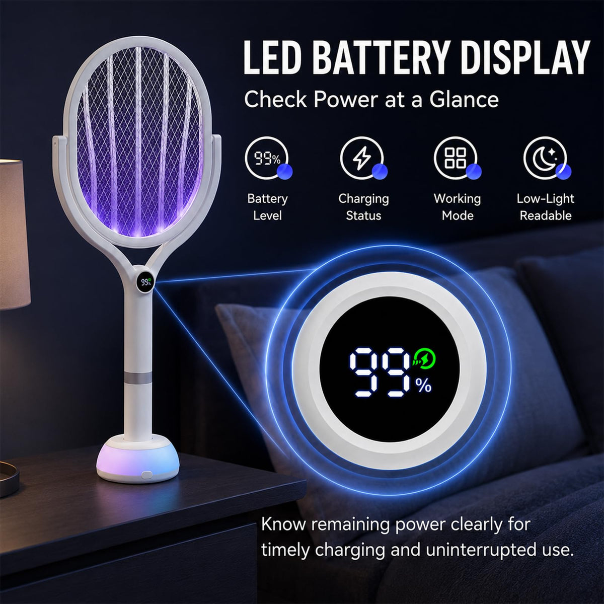 Electric Fly Swatter Racket 5000V Bug Zapper with Power Display