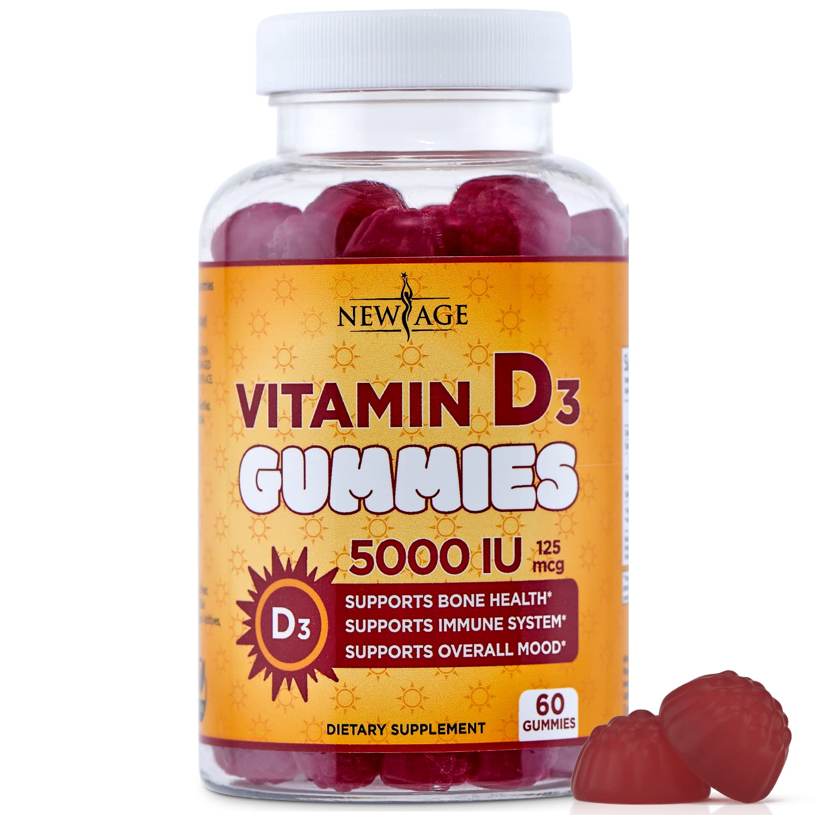 NEW AGE Vitamin D3 5000 IU 125mcg Gummies - Immune Supplement - Non-GMO, Gluten-Free, Dairy-Free, No Gelatin (120 Gummies (Pack of 2))