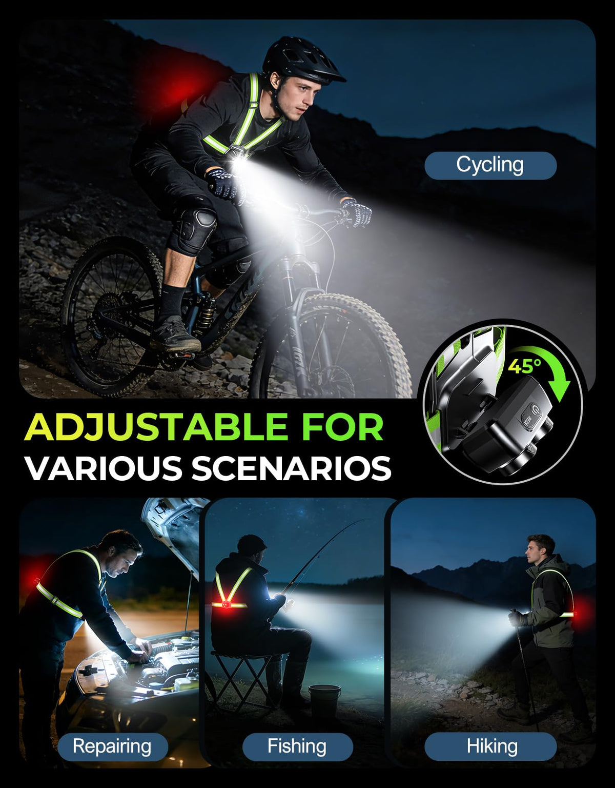 Viccux 800LM Ultra Bright & 7+2 Modes Running Lights for Runners with Rear Light, 45° Beam & 360° Reflective Vest, IPX4 Waterproof Reflective Running Vest for Night Walking/Jogging, 4-25Hrs Runtime