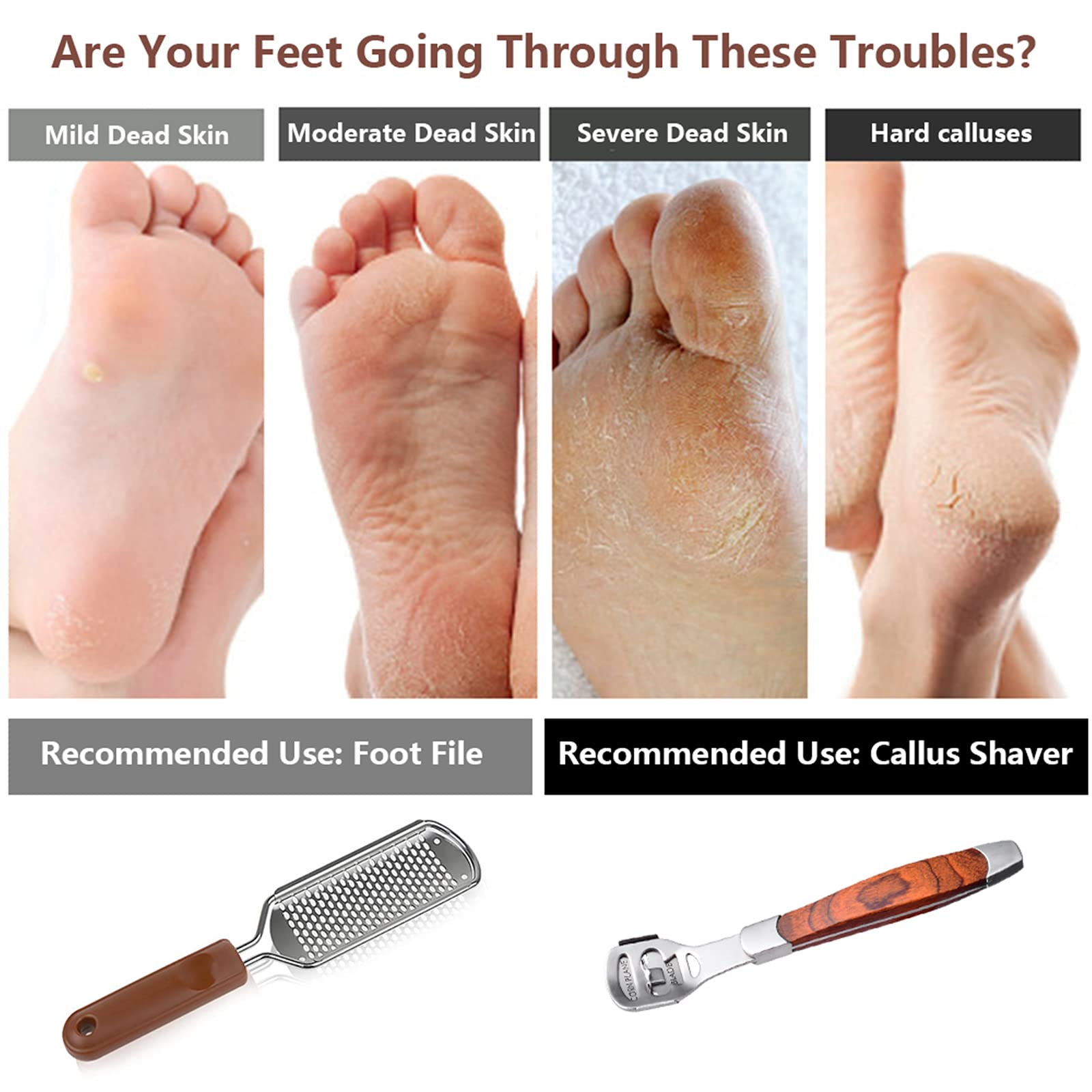 2 Pack Pedicure Kit, Foot File Callus Remover, Heel Scraper for Feet | Stainless Steel Foot Rasp & Wood Handle Callus Shaver (10 Replacements and 1 File Foot Head), Callus Remover for Feet