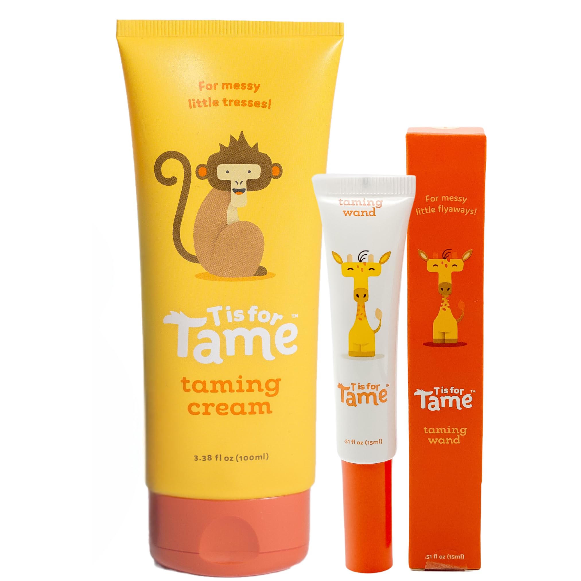 T is for Tame Kids' Hair Taming Cream & On-the-Go Flyaway Wand Bundle | Taming cream (3.38 fl oz) + taming wand (0.51 fl oz) w/ coconut & jojoba oil for bedhead & flyaways, made in the USA