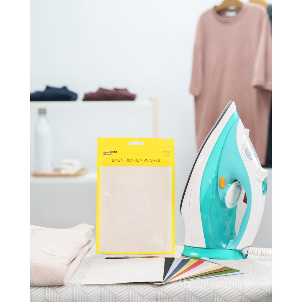 ZEFFFKA 12-Pack Linen Iron-on Patches Fabric Repair Kit for Clothing Shirts Pants Dresses Natural Look Strong Adhesive 12 Colors 30% Linen 70% Cotton 5” x 7”