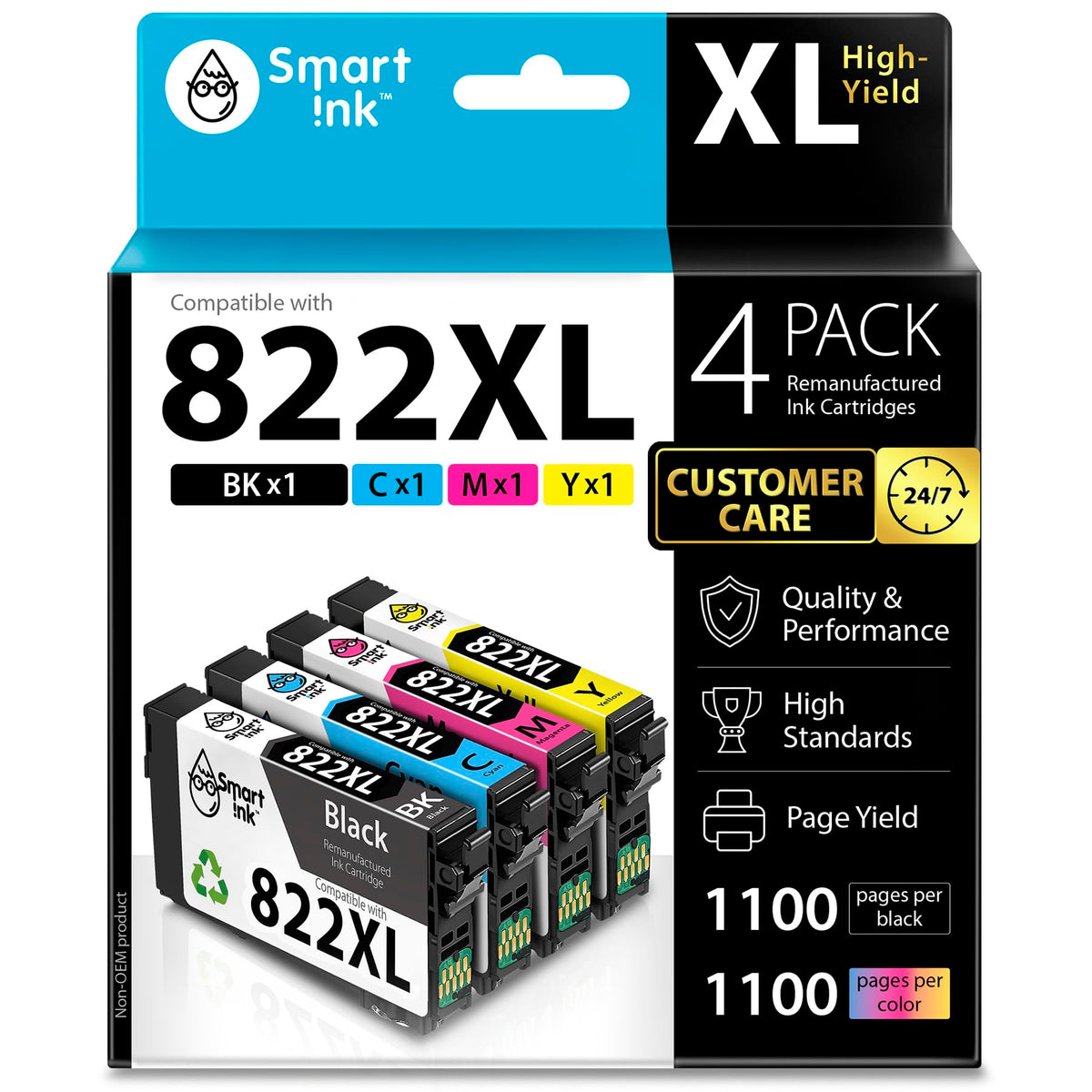 Smart Ink Remanufactured Ink Cartridge Replacement for Epson 822XL 822 XL T822XL to use with WF-3820 WF-4820 WF-4830 WF-4834 Workforce Pro Printers (BK & C/M/Y, 4 Combo Pack)