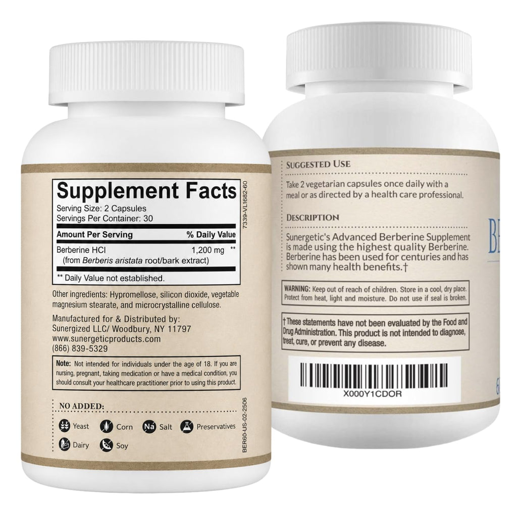 Berberine Supplement, Berberine HCl, 1,200 mg per Serving, 60 Capsules | Supports healthy glucose metabolism and metabolic wellness; 600 mg per vegetarian capsule from Berberis aristata