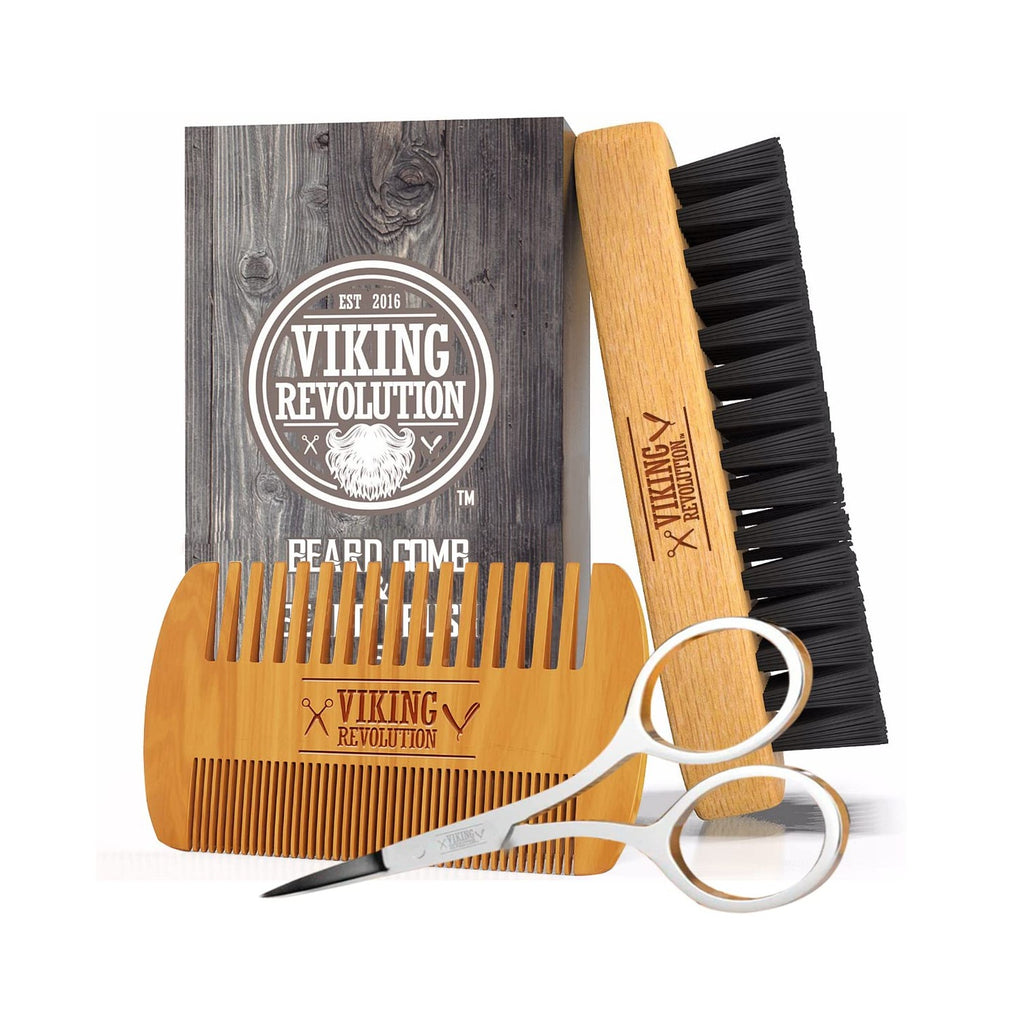Viking Revolution Beard Comb and Beard Brush Set with Velvet Pouch | Includes Natural Boar Bristle Brush & Dual Action Pear Wood Comb - Velvet Travel Pouch Included - For Beards & Mustaches