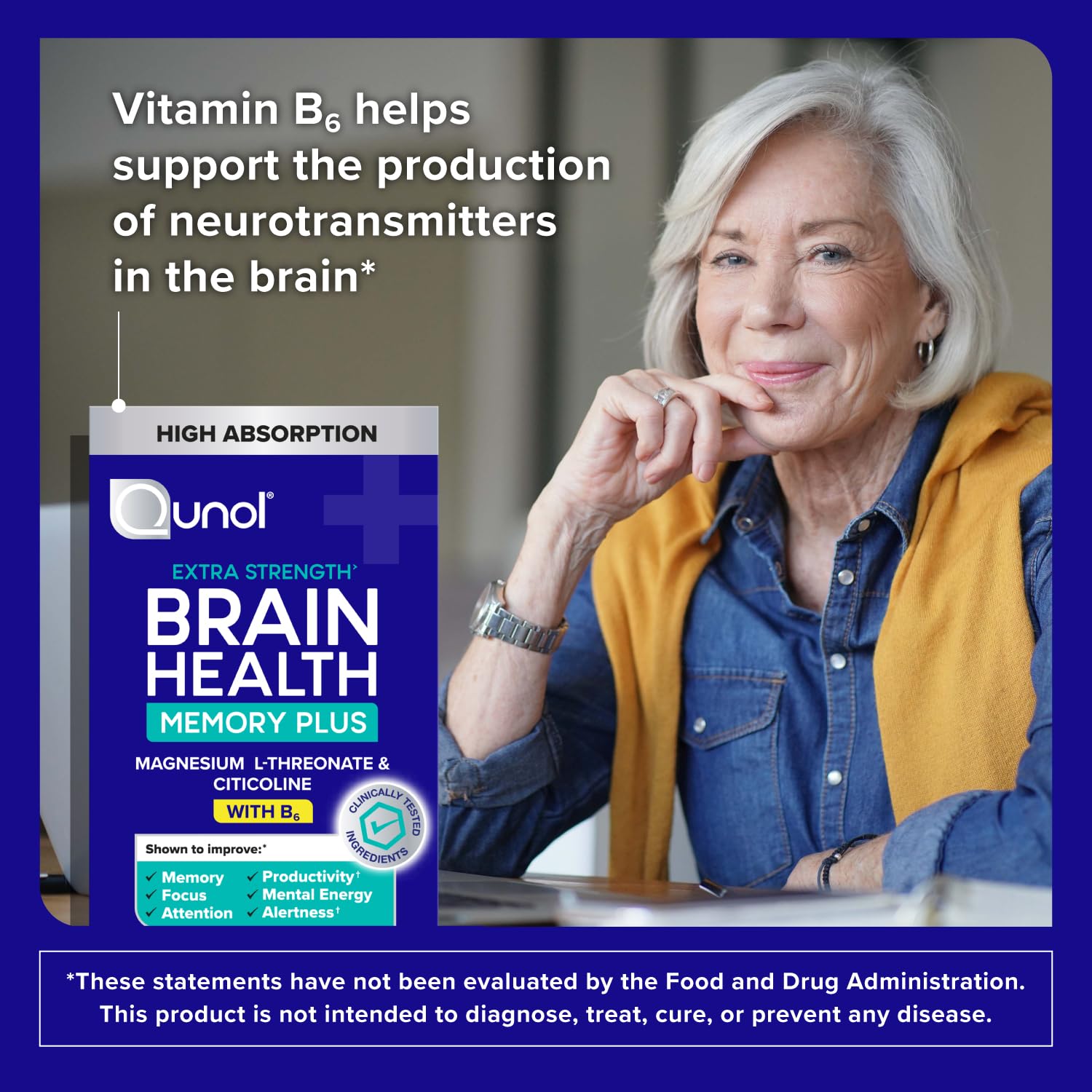 Qunol Brain Health Memory Plus w/Magtein, Cognizin & Vitamin B6, 90ct | Combines Two Clinically Tested, High Absorption Ingredients to Improve Memory, Focus, Attention, Productivity