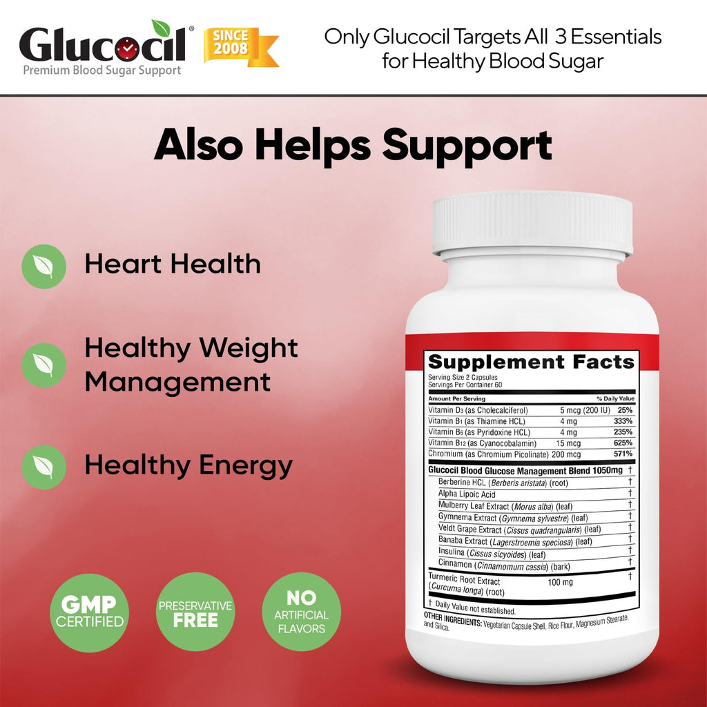 Glucocil – Vegetarian Capsules - Premium Blood Sugar Support - Supports the 3 Essentials for Healthy Blood Sugar - with Berberine, Proprietary Mulberry Leaf, and More