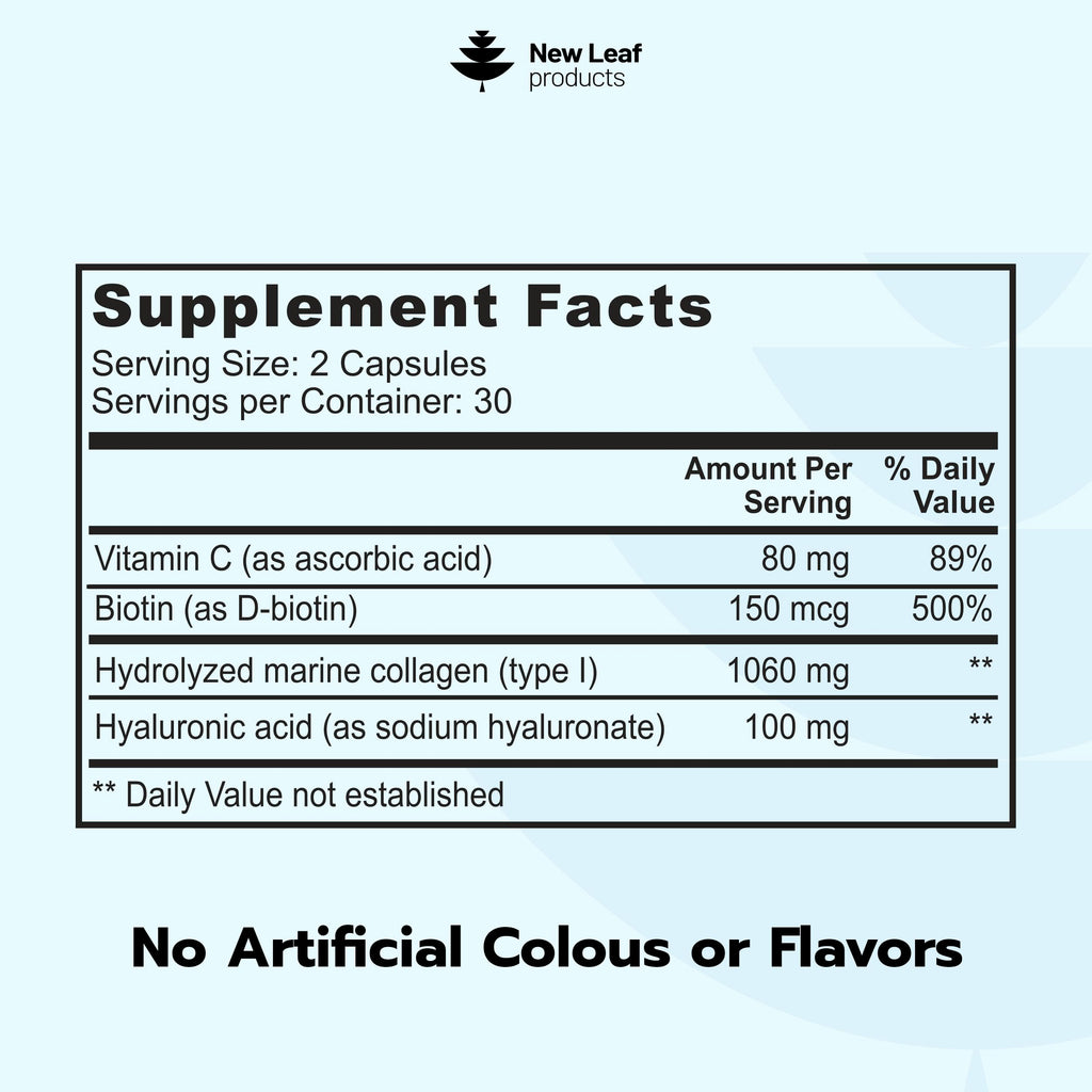 Pure Marine Collagen Supplements for Women & Men - with Hyaluronic Acid, Vitamin C & Biotin - Collagen Peptides Hydrolyzed Collagen for Hair Skin & Nails - 60 Capsules by New Leaf UK Made