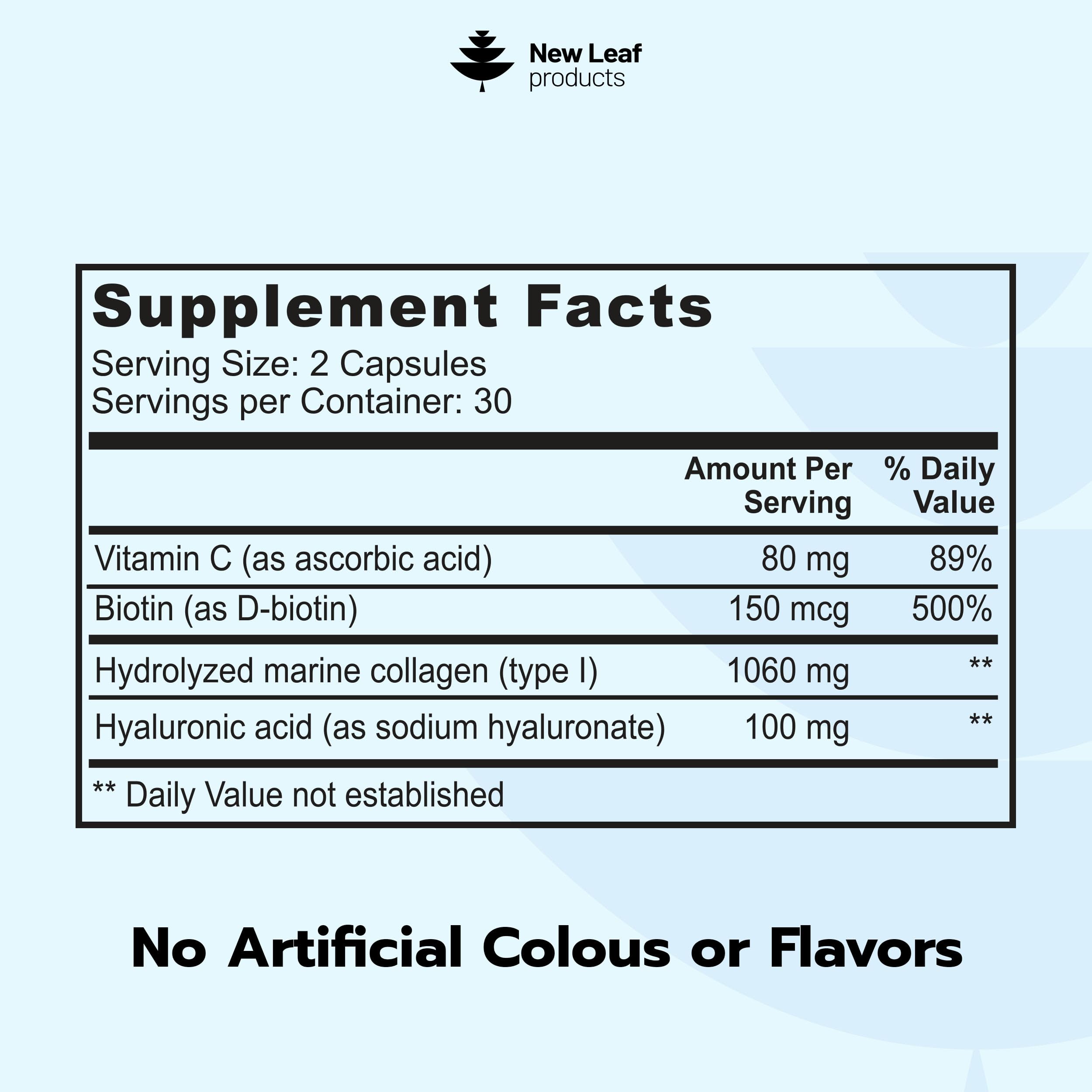 Pure Marine Collagen Supplements for Women & Men - with Hyaluronic Acid, Vitamin C & Biotin - Collagen Peptides Hydrolyzed Collagen for Hair Skin & Nails - 60 Capsules by New Leaf UK Made