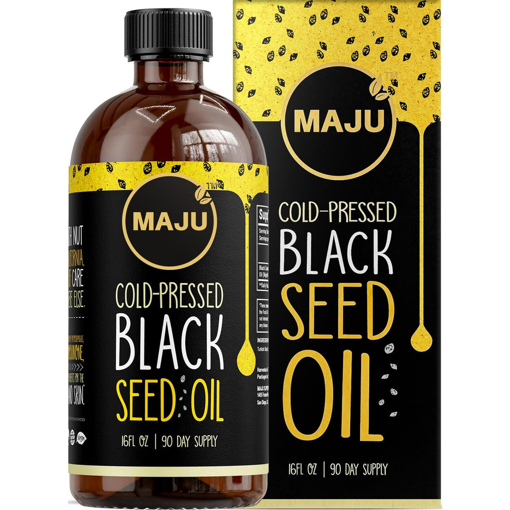 MAJU's Black Seed Oil 16oz: 2X Thymoquinone, Cold Pressed Turkish Black Cumin Nigella Sativa Seed Oil (Better Than Organic), Non-GMO, 100% Liquid Pure Blackseed, Glass Bottle
