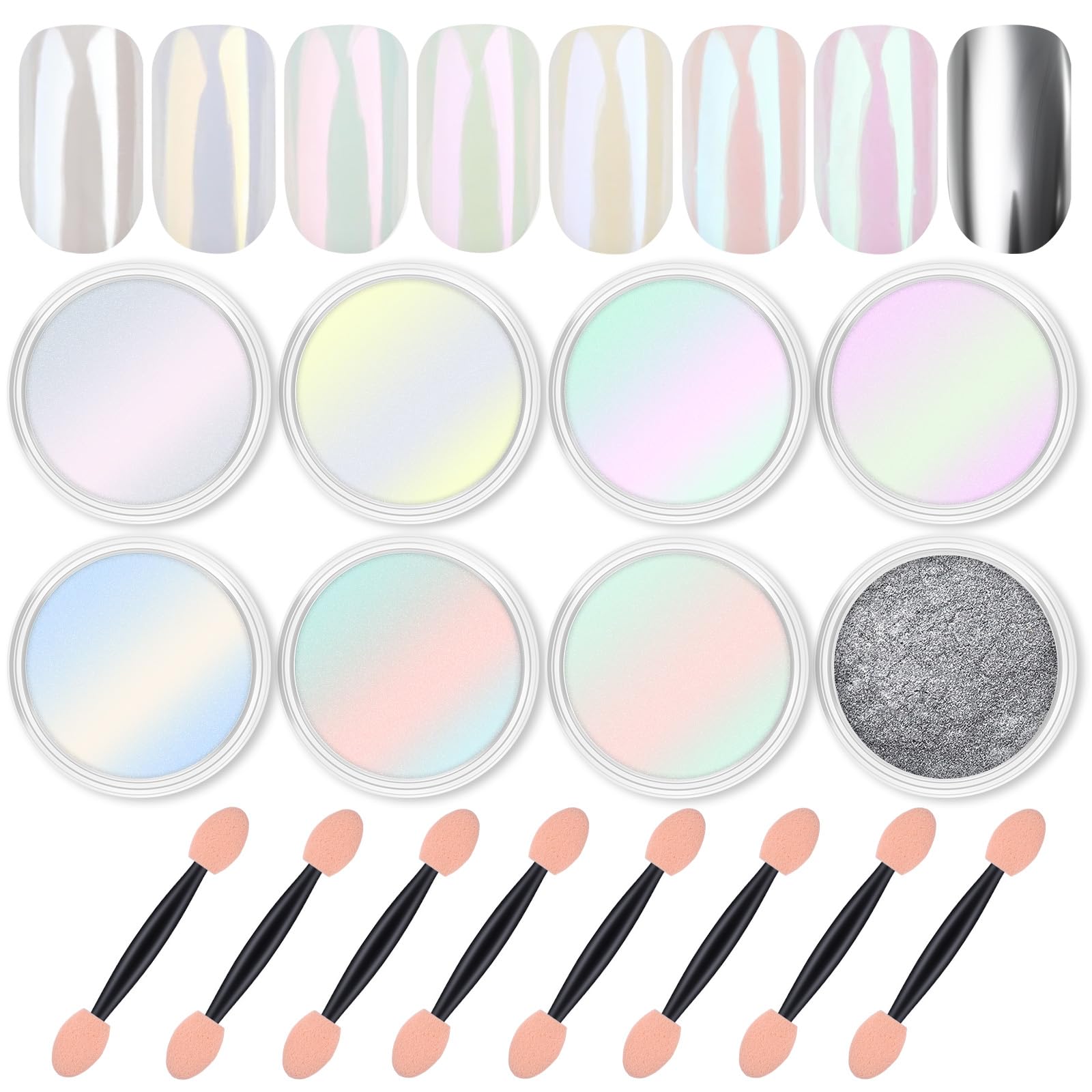 8 Jars Chrome Nail Powder Dip Magic White Pearl Kit Silver Mirror | Metallic Effect Holographic Dip Nail Powder Decoration Iridescent Aurora Mermaid Pigment