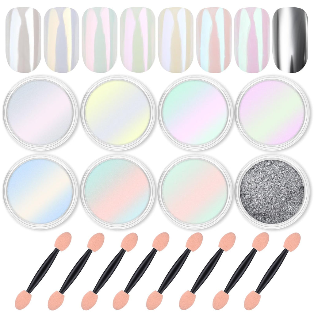 8 Jars Chrome Nail Powder Dip Magic White Pearl Kit Silver Mirror | Metallic Effect Holographic Dip Nail Powder Decoration Iridescent Aurora Mermaid Pigment