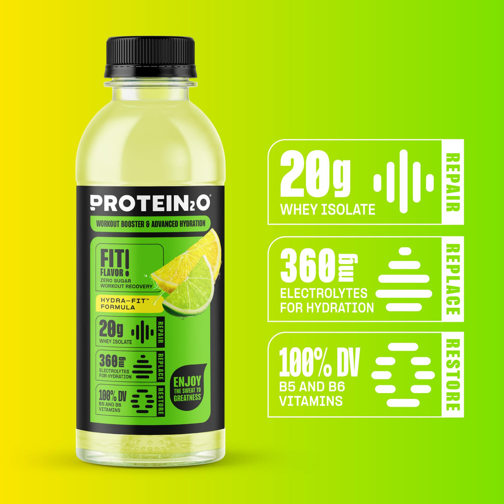 Protein2o 20g Whey Protein Isolate Hydration Drink, 350mg of Electrolytes, Vitamins B5 & B6, Sugar Free, Lemon Lime, 16.9 oz Bottle (12 Count)