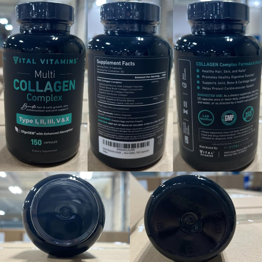 Vital Vitamins Multi Collagen Peptides Complex for Women & Men, 150 Pills | Supports Skin, Hair & Nails, 5 Collagen Types I II III V & X, Grass-Fed Non-GMO Collagen Supplements