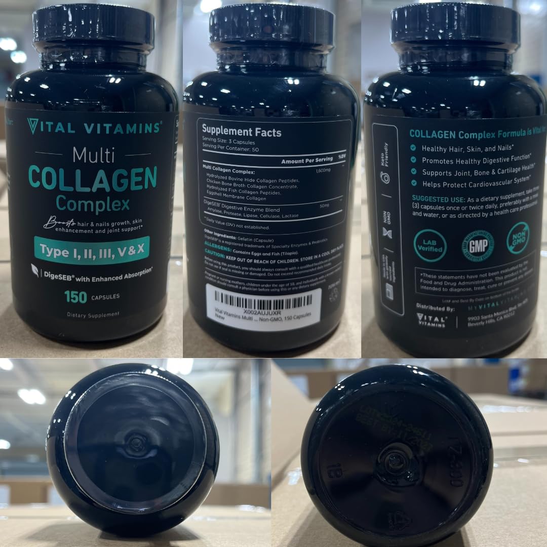 Vital Vitamins Multi Collagen Peptides Complex for Women & Men, 150 Pills | Supports Skin, Hair & Nails, 5 Collagen Types I II III V & X, Grass-Fed Non-GMO Collagen Supplements