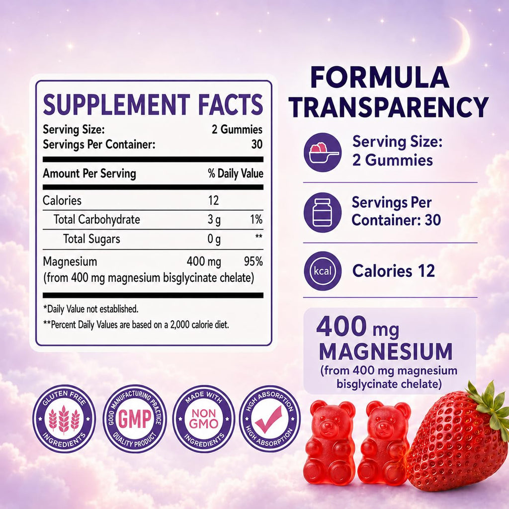 Magnesium Bisglycinate Gummies 400mg High Absorption Magnesium Bisglycinate Chelate, Supports Sleep, Relaxation, Muscle & Nerve Health,Sugar Free Strawberry Flavor 60 Gummies