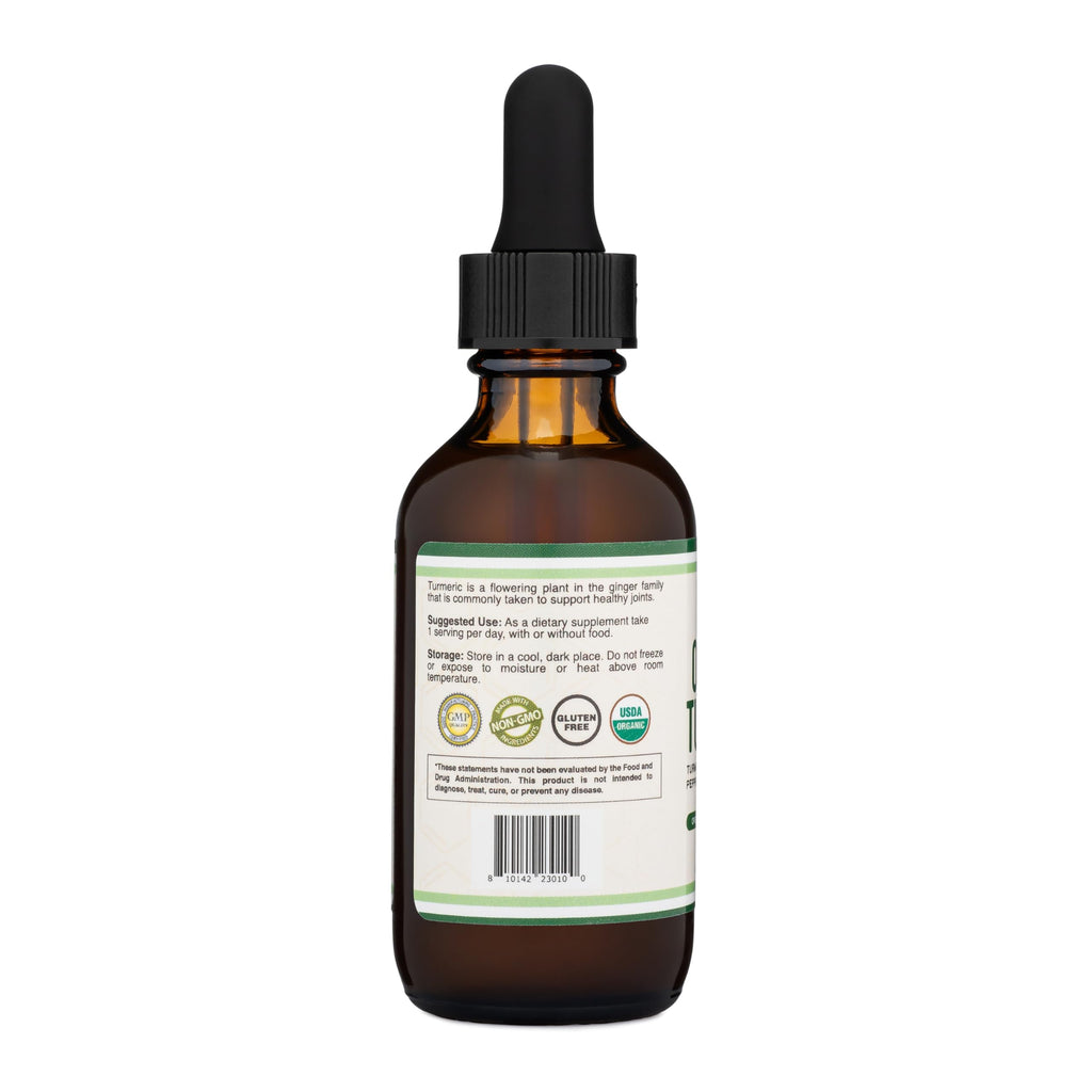 Organic Turmeric Curcumin Drops, Black Pepper + Ginger, Joint Support, 2 oz | Joint Comfort Liquid Supplement, Alcohol-Free, Black Pepper (Piperine) for Absorption, Ginger, USDA-Organic, 60 Servings
