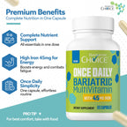 Bariatric Choice Once Daily Bariatric Multivitamin with Iron 45mg, 3 Months | 3-Mo Supply, Once Daily Easy-to-Swallow Capsule for Gastric Bypass & Sleeve Patients – High Potency Vitamins A, D, B12, More