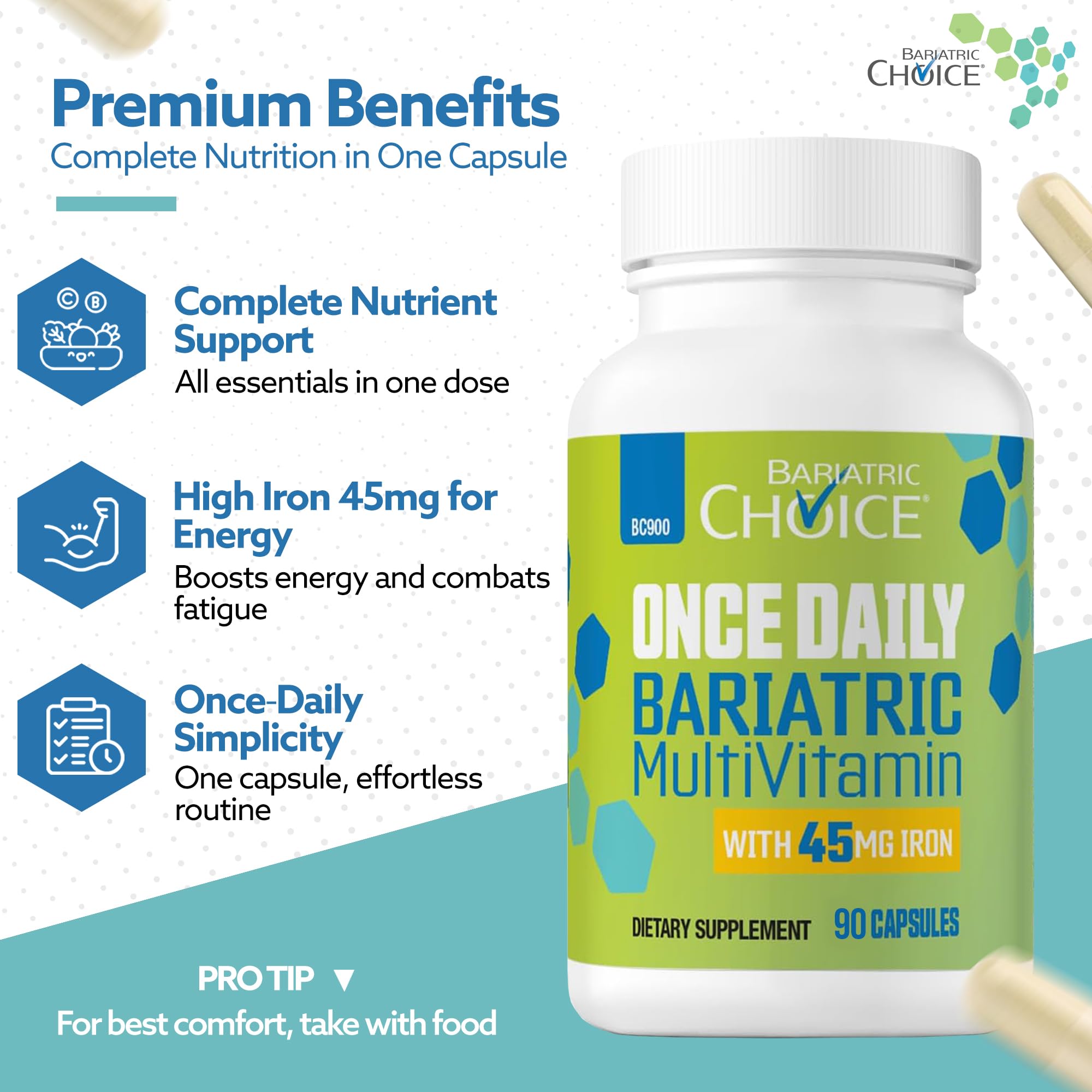 Bariatric Choice Once Daily Bariatric Multivitamin with Iron 45mg, 3 Months | 3-Mo Supply, Once Daily Easy-to-Swallow Capsule for Gastric Bypass & Sleeve Patients – High Potency Vitamins A, D, B12, More