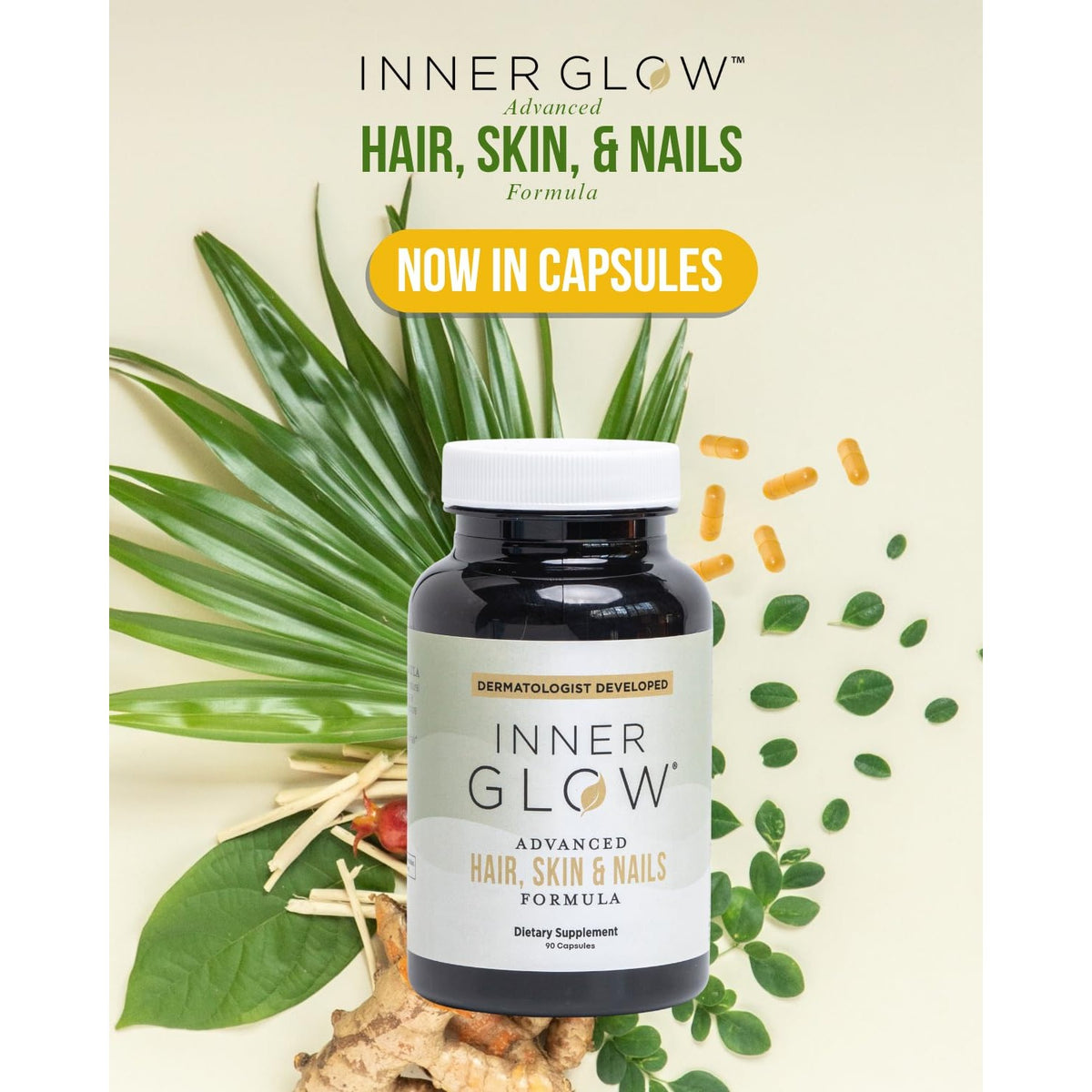 Inner Glow Advanced Hair, Skin & Nails Vitamins – Doctor-Developed Hair Supplement with Biotin, Collagen Peptides, Vitamin D & B12 – Clinically Tested 12-Week Results, Made in USA, Non-GMO