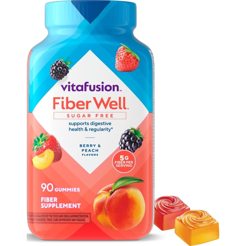 Vitafusion Fiber Well Gummies for GLP-1 Support | 5mg | 90 Count | Sugar Free Adult Gummy | Vitamins For Women & Men | Berry & Peach Flavors | Gluten Free Formula