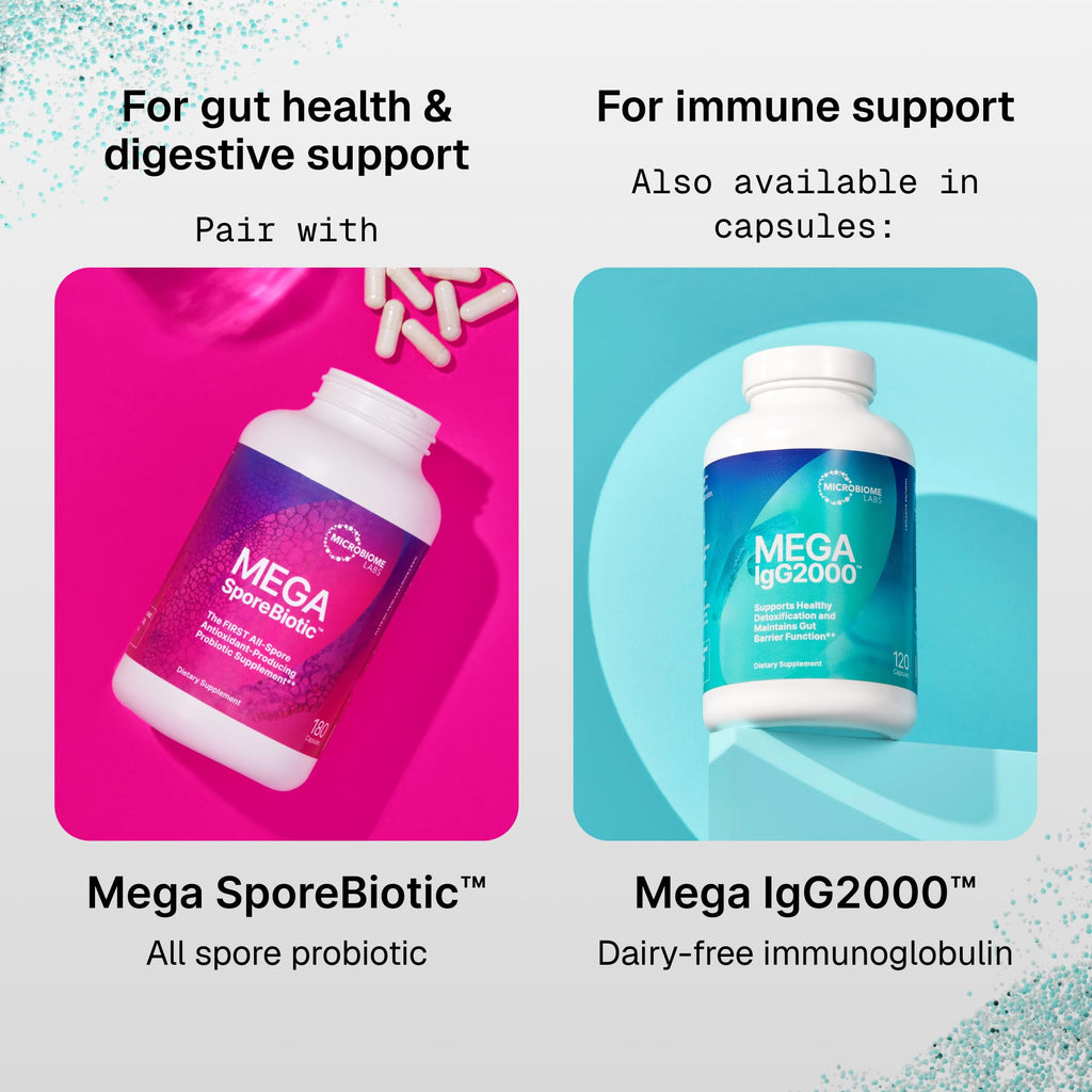 Microbiome Labs Mega IgG2000 Gut Health Powder for Women, Men & Kids 2+ - IgG Immunoglobulin Supplement for Digestive Health Support - Dairy-Free Bovine Colostrum Supplement Alternative (2.1 Ounces)