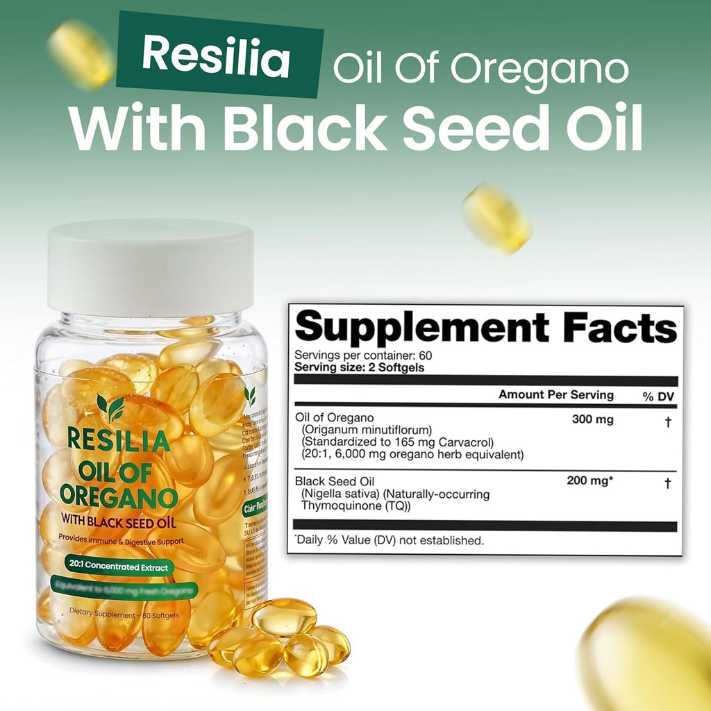 Resilia Black Seed Oil Softgels – Organic Oil of Oregano Capsules for Immune & Digestive Support – Non-GMO, Gluten-Free – New Bottle Packaging (60 Count)