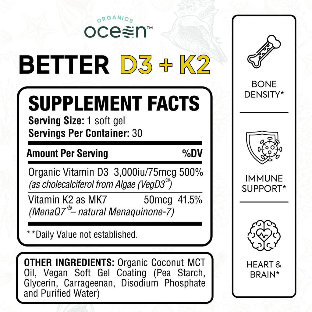 Organics Ocean Better D3 + K2-100% Organic VIT D3 and K2 Supplements with Maximum Bioavailability - Supports Bone Density, Calcium Balance, Immunity & Mood - 3-Pack, 90-Day Supply