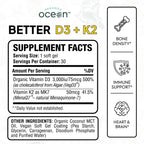 Organics Ocean Better D3 + K2-100% Organic VIT D3 and K2 Supplements with Maximum Bioavailability - Supports Bone Density, Calcium Balance, Immunity & Mood - 3-Pack, 90-Day Supply