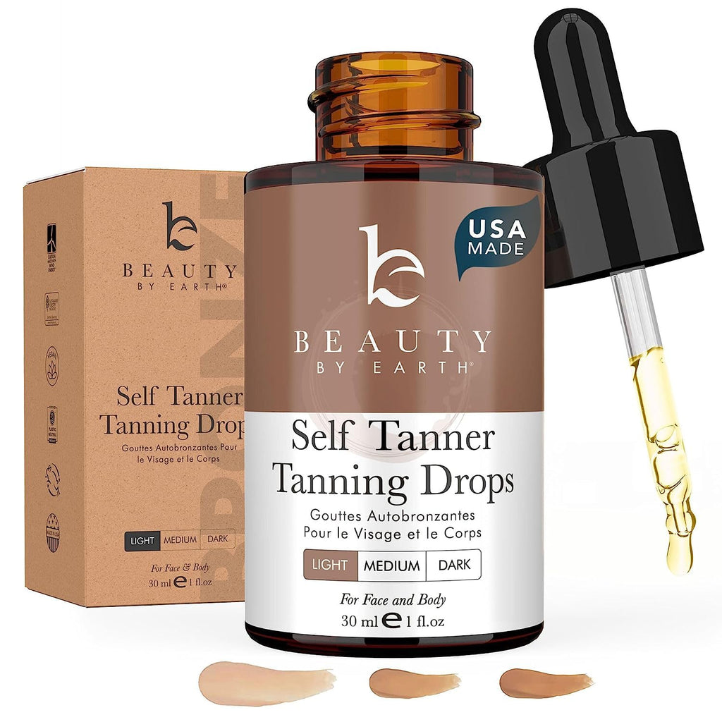 Self Tanning Drops - USA Made with Natural & Organic Ingredients | Medium Face Tanning Drops to Add to Lotion, Moisturizing Bronzing Tanner for Face & Body, Toxin Free Tanner for Fake Tan